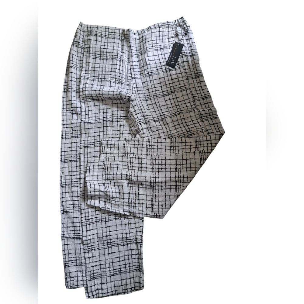 LIV HABITAT linen blend lightweight coastal resort pants black white check L-XL*